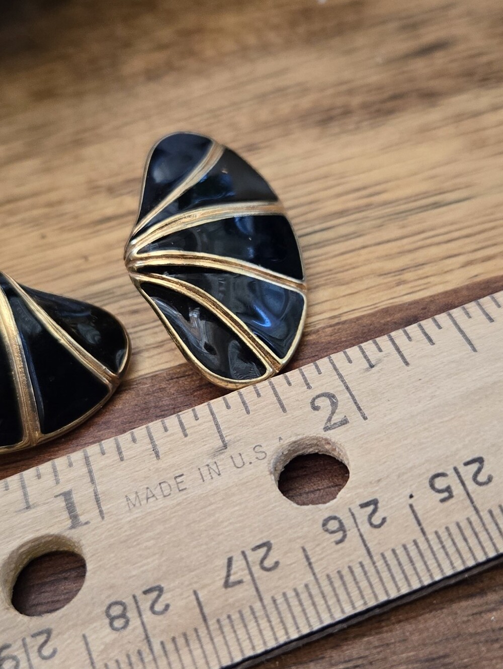 Vintage Black Enamel Gold Tone Fan Earrings | Art Deco Inspired Statement Studs - Picture 5 of 5